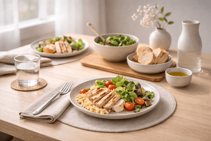 Fresh grilled chicken salad, a healthy eating setup