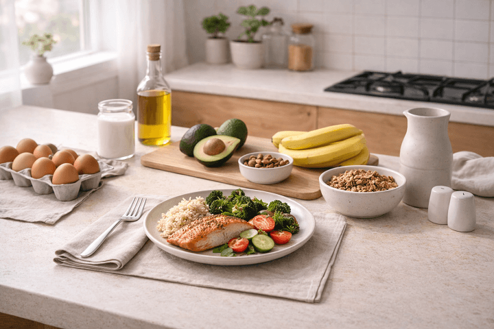 Fresh ingredients on a modern countertop showing Simple Food Choices for Daily Life